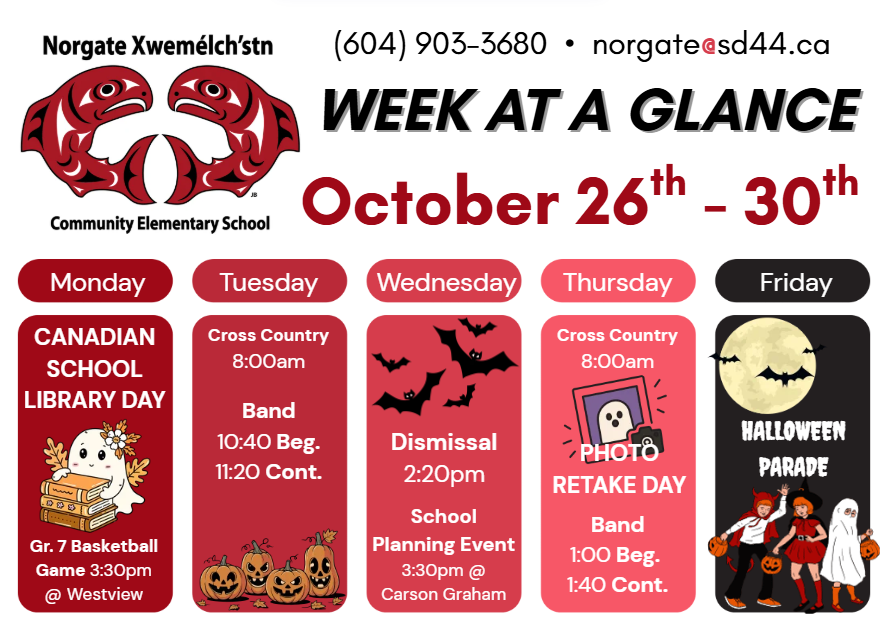 Week at a Glance for october 26th to 30th. Notable events include: Grade 7 basketball game Monday 3:30 at Westview; School Planning Event Wednesday 3:30 at Carson Graham, Photo Retakes on Thursday, Halloween Parade on Friday