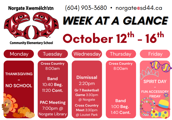 Week At A Glance for October 12th to 16th