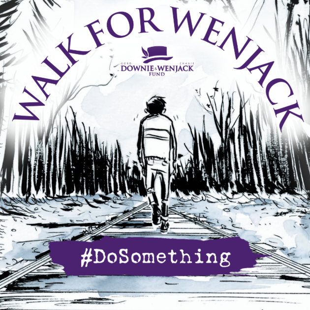 Chanie Wenjack walking on the tracks with the Walk for Wenjack logo