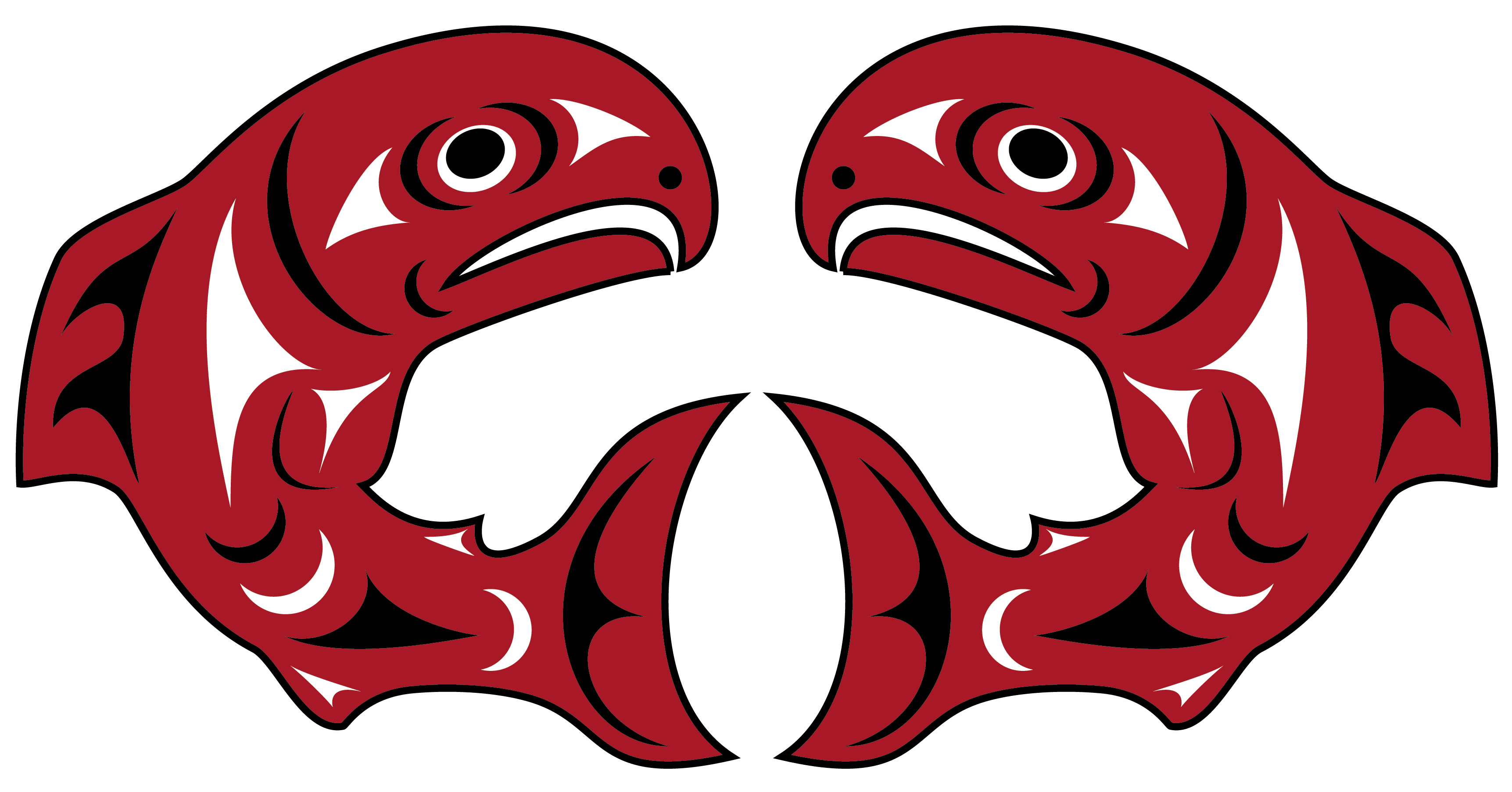 Stylized Northwest Coast Indigenous design featuring two red salmon facing each other in a symmetrical circular composition. The salmon are rendered in red, black, and white with traditional formline shapes and curved patterns against a light grey background.
